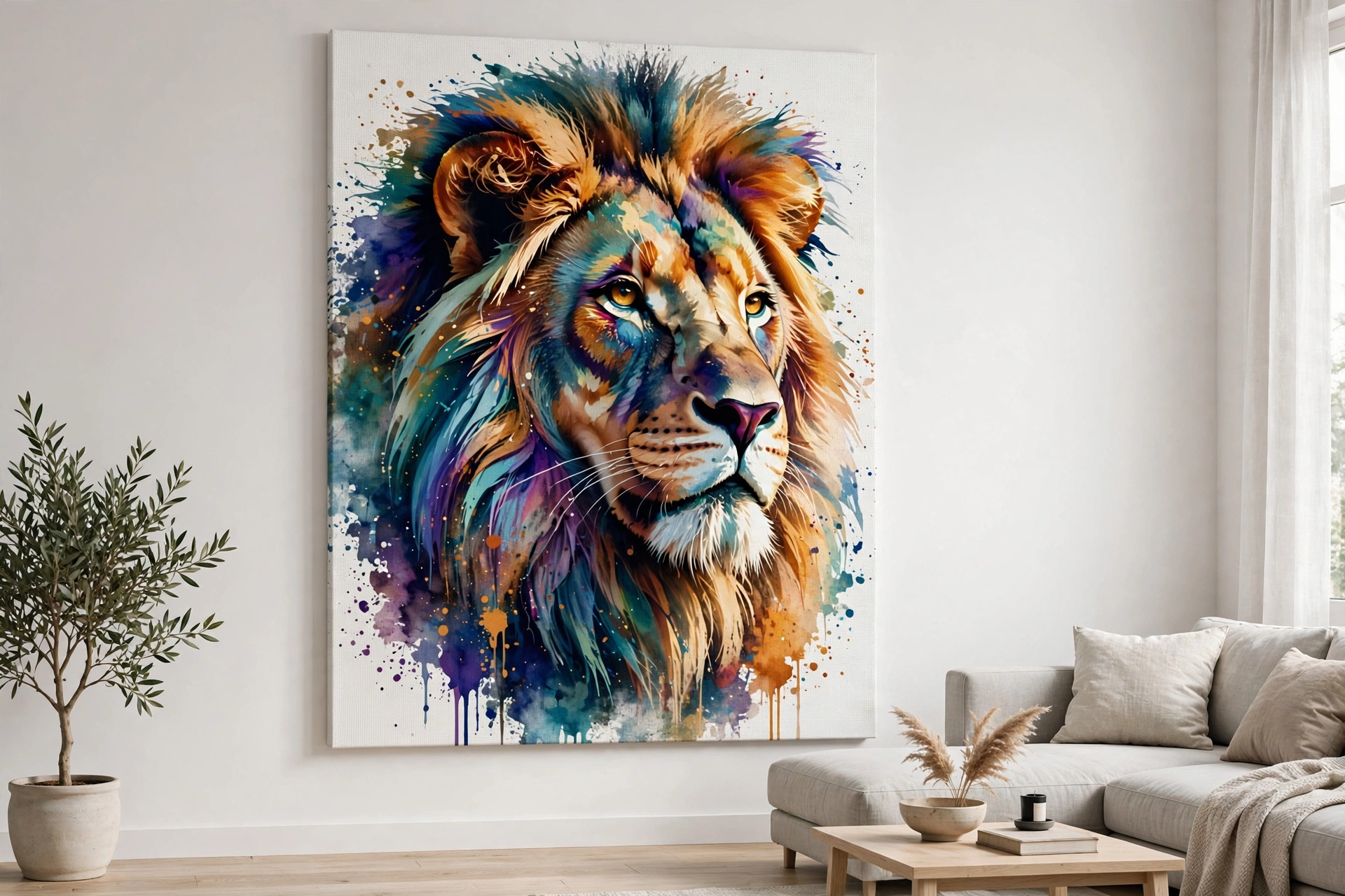 Watercolour-style lion canvas print in a living room